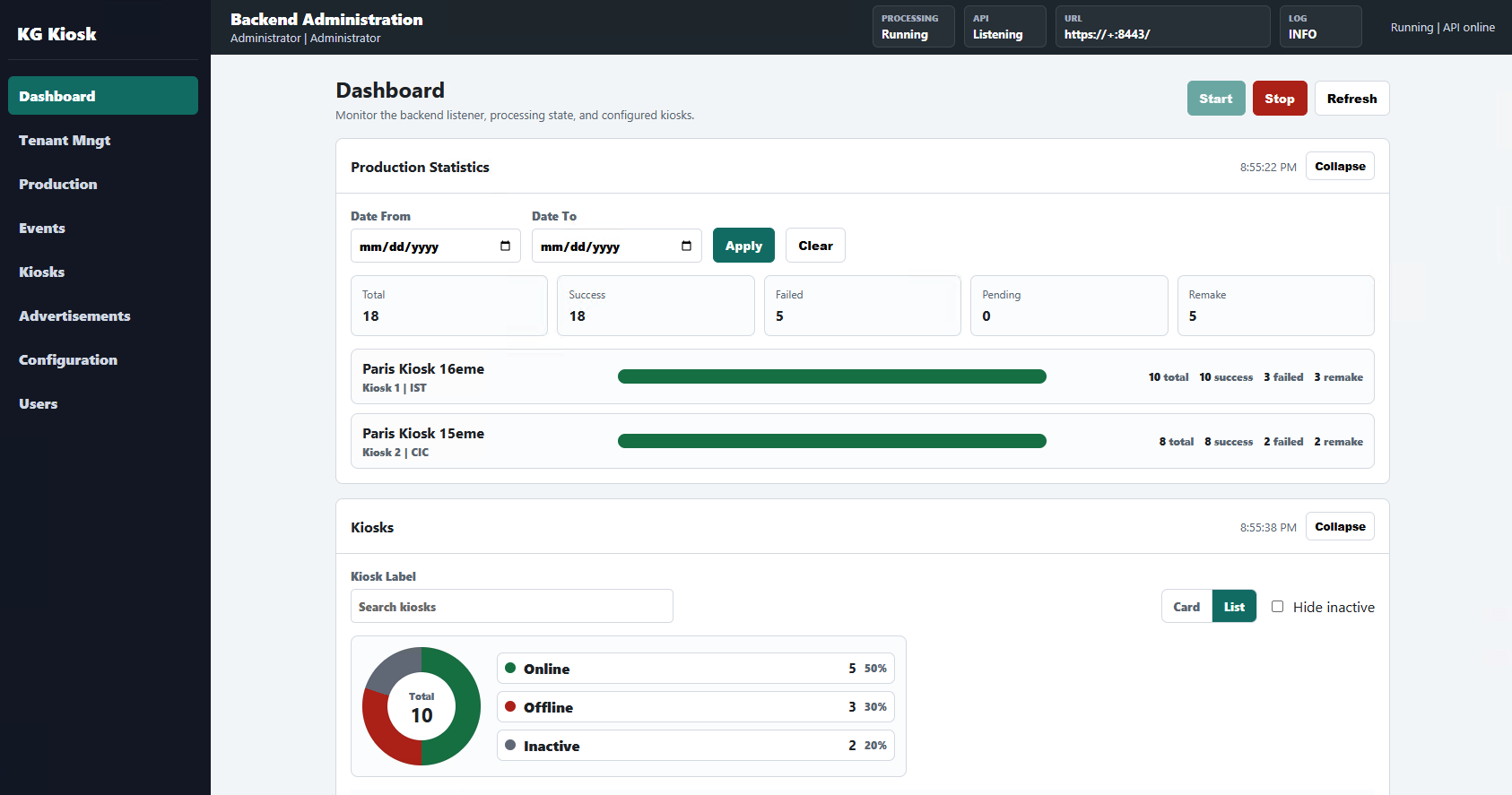 KG Kiosk administration dashboard