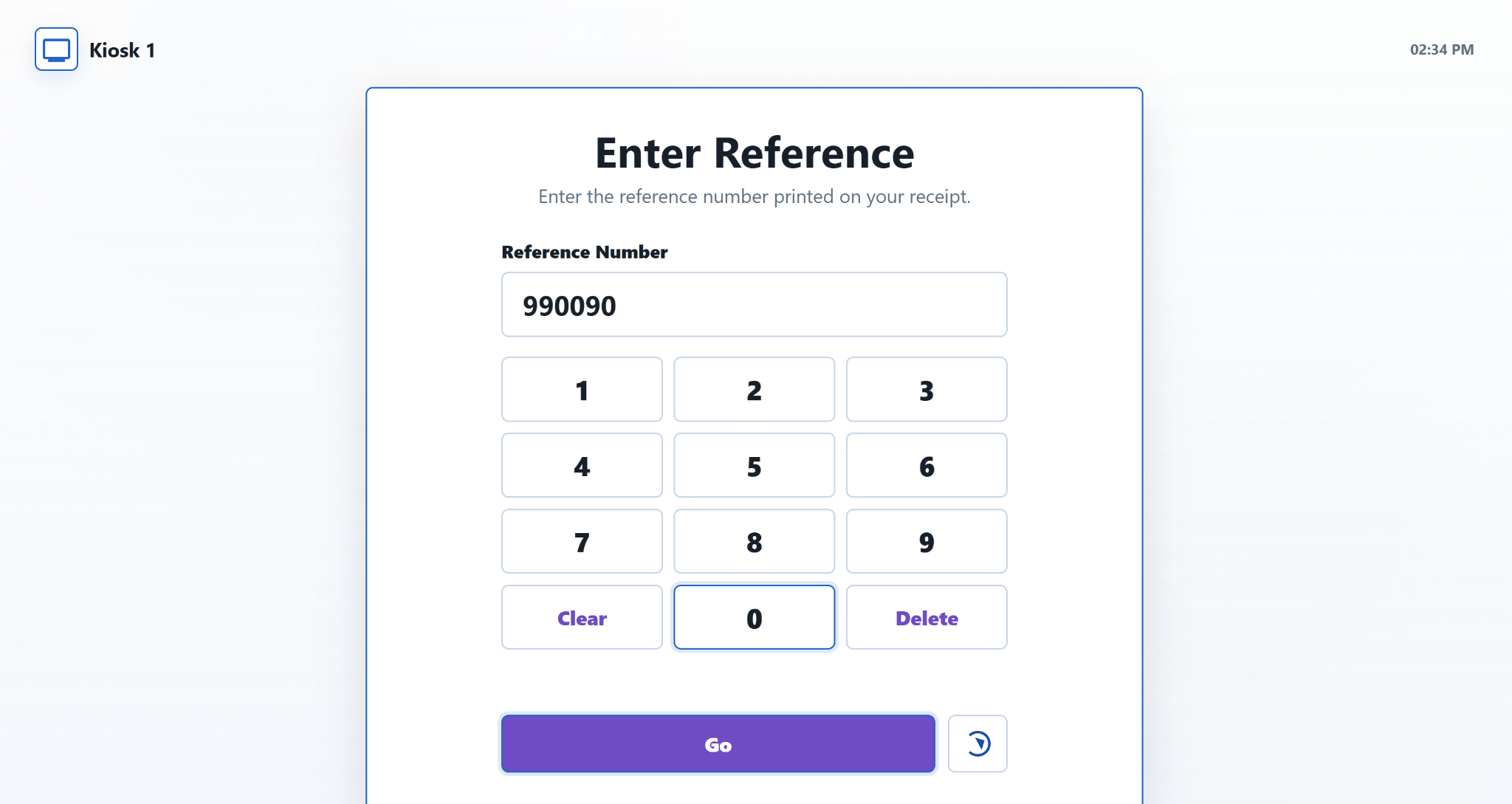 KG Kiosk reference entry screen
