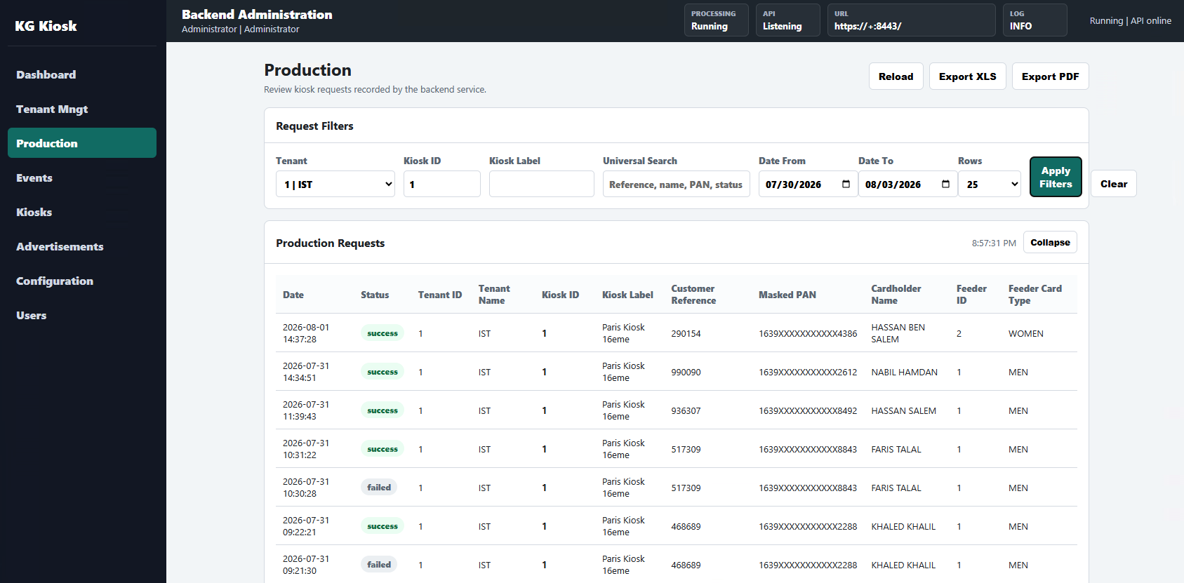KG Kiosk production logs